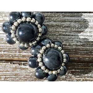 Clip On Earrings, Black and Silver Vintage